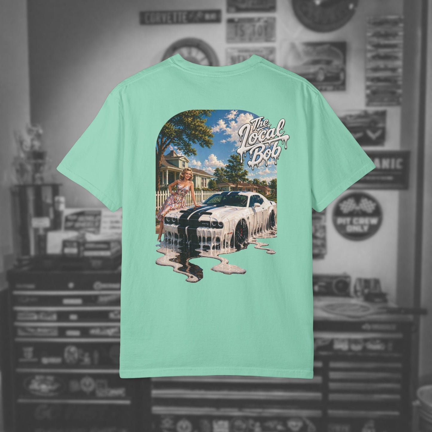 Challenger 1950s Retro Drip Pinup T-Shirt — Unhinged Automotive Art