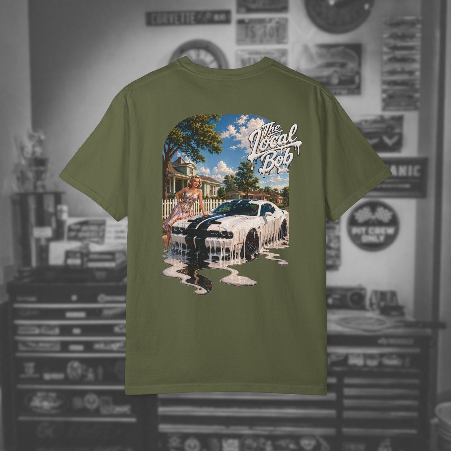 Challenger 1950s Retro Drip Pinup T-Shirt — Unhinged Automotive Art